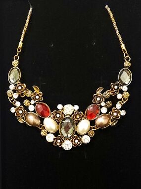 Gold Floral Statement Necklace with Multicolor Gems - Custom Made